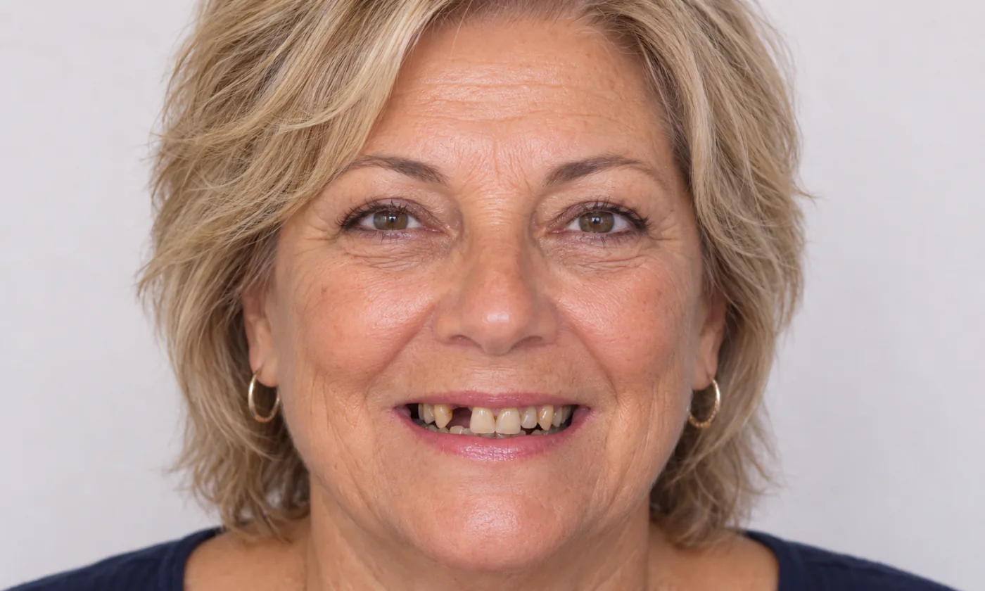 Portrait of a smiling woman, dental implants simulation, before