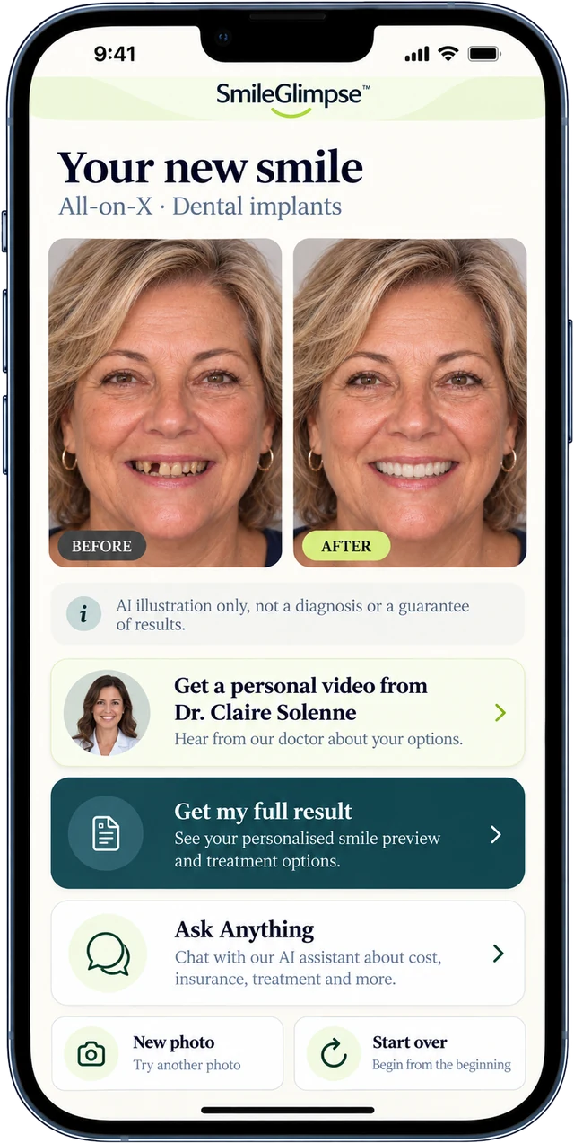SmileGlimpse on a phone: before and after smile preview for dental implants